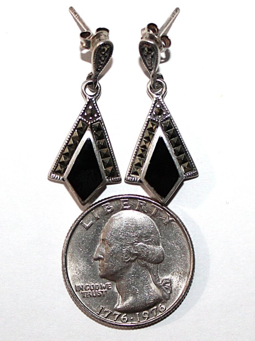 Retro Sterling Silver Onyx & Marcasite Dangle Earrings - Picture 3 of 5
